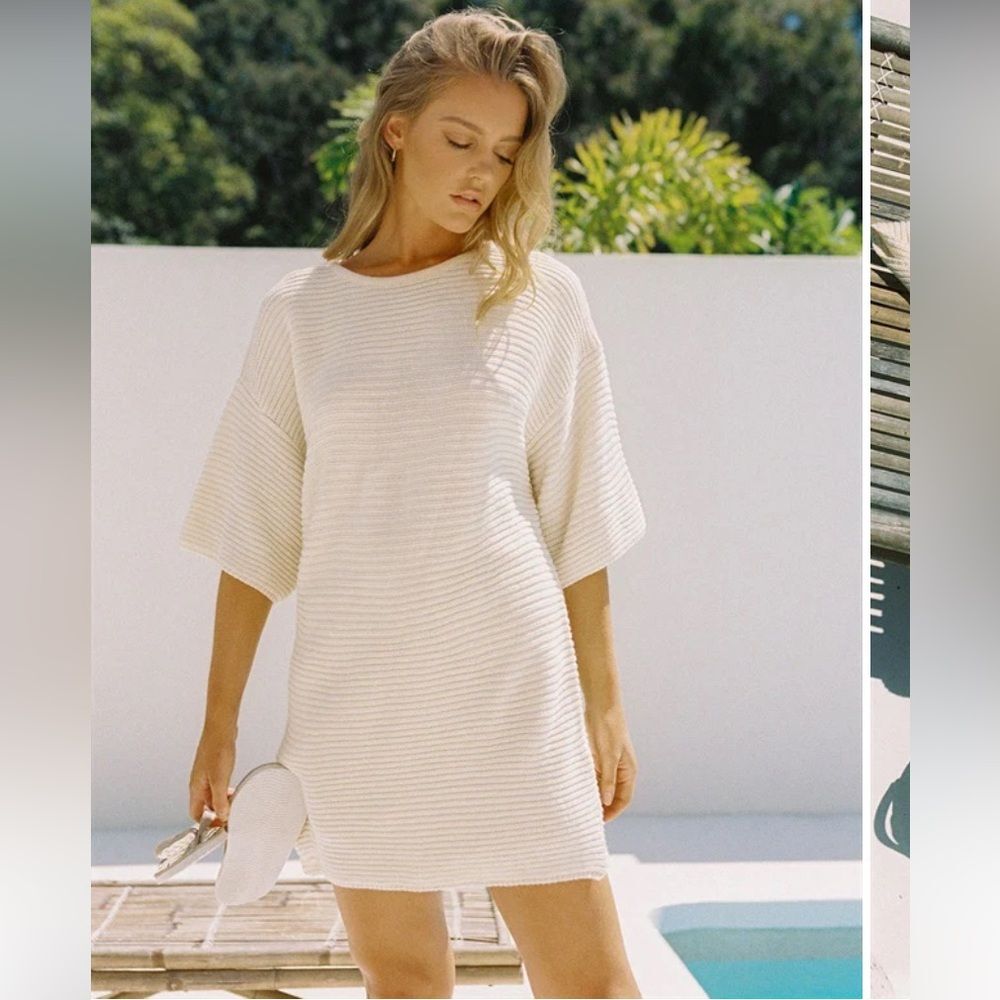 SABO Remy Cream Ribbed Tunic Sweater Dress Size M